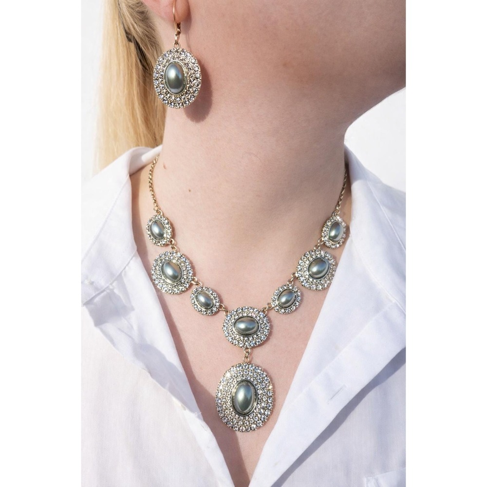 Monet Rhinestone Faux Pearl Necklace Earrings Set Silver Tone Art Deco Bridal